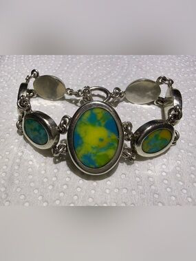 Vintage Mexico 925 Silver Multi-Color Stone Link Bracelet 41.3g 7.75”